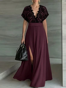 Weeklong Plus Size Women's Spring/Summer Lace Patchwork Split Design Casual Party Dress - Burgundy - View 3