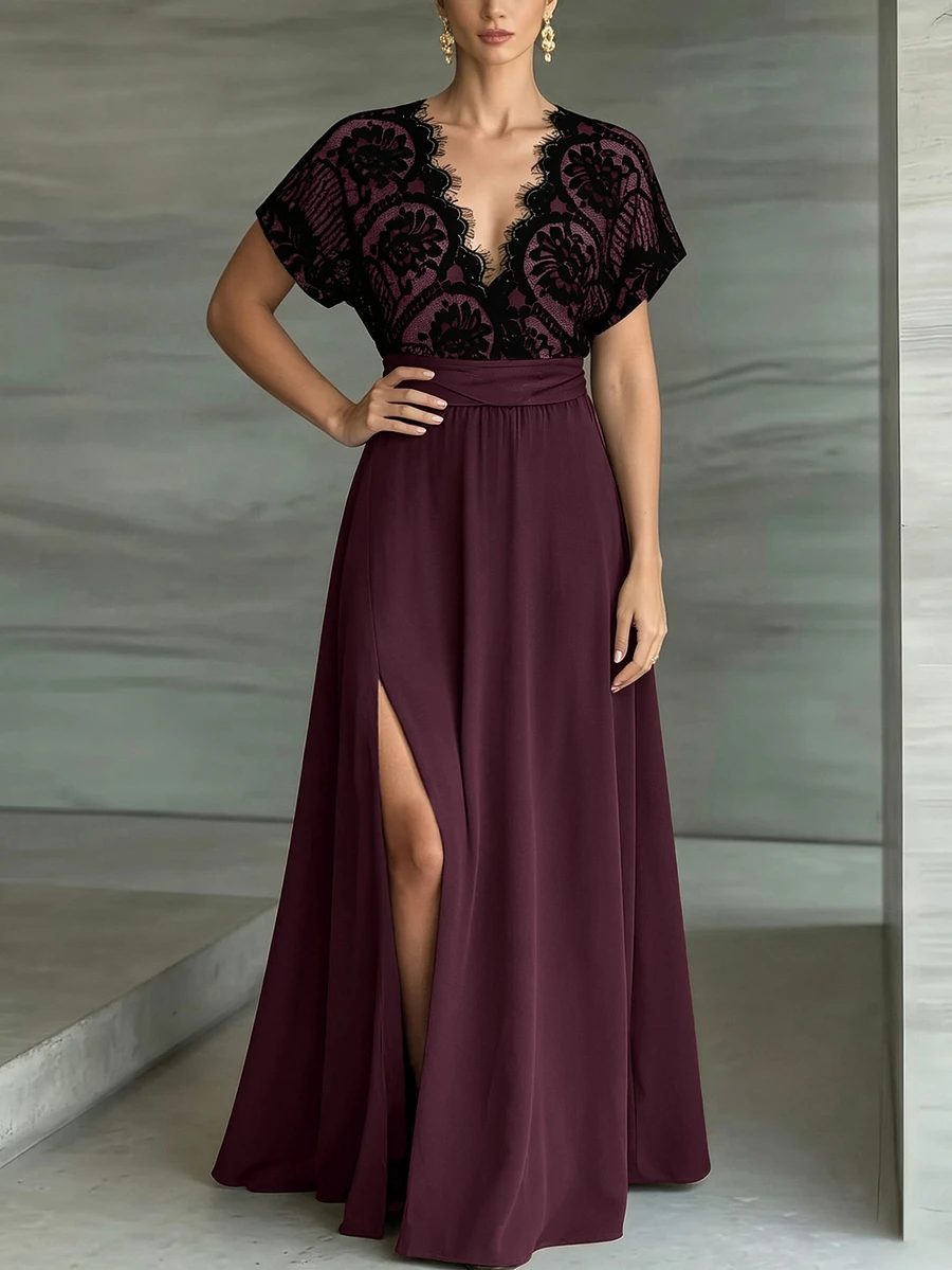 Weeklong Plus Size Women's Spring/Summer Lace Patchwork Split Design Casual Party Dress - Burgundy - View 1