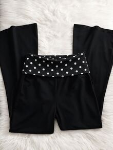 SHEIN 青少年女孩秋季服飾 黑色與黑白波點淺灰色拼接修身顯瘦喇叭長褲 寬鬆男友風街頭休閒運動褲 - 黑色 - 查看 8