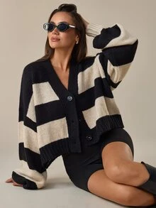 SHEIN كارديجان نسائي محبوك بأكمام طويلة وأزرار بتصميم مخطط وألوان متباينة - متعدد الألوان - مشاهدة 6