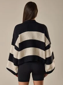 SHEIN كارديجان نسائي محبوك بأكمام طويلة وأزرار بتصميم مخطط وألوان متباينة - متعدد الألوان - مشاهدة 3