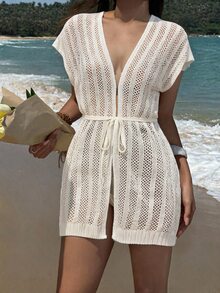 Livesso 女款純色短袖鏤空和服式罩衫 夏季海灘度假穿搭 白色熱帶波希米亞風 - 白色 - 查看 4