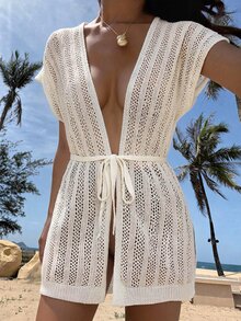 Livesso 女款純色短袖鏤空和服式罩衫 夏季海灘度假穿搭 白色熱帶波希米亞風 - 白色 - 查看 7