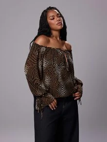 Rustia Fashionable Leopard Print Square Neck Long Sleeve Casual Elegant Blouse - Brown - View 6