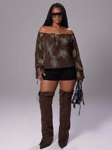 Rustia Fashionable Leopard Print Square Neck Long Sleeve Casual Elegant Blouse - Brown - View 1