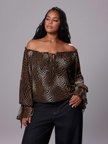 Rustia Fashionable Leopard Print Square Neck Long Sleeve Casual Elegant Blouse - Brown - View 3