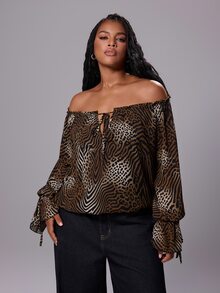 Rustia Fashionable Leopard Print Square Neck Long Sleeve Casual Elegant Blouse - Brown - View 4