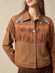 Bohemela Women's Cropped Western Denim Jacket With Floral Embroidery, Fringe Trim And Snap Front - Khaki - View 3
