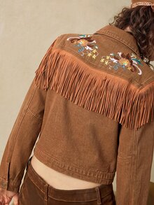 Bohemela Women's Cropped Western Denim Jacket With Floral Embroidery, Fringe Trim And Snap Front - Khaki - View 6