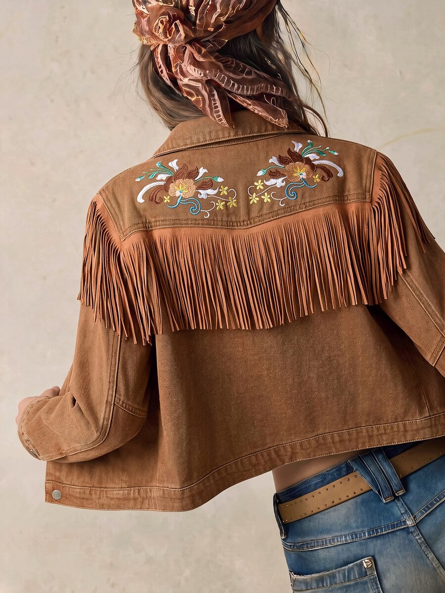 Bohemela Women's Cropped Western Denim Jacket With Floral Embroidery, Fringe Trim And Snap Front - Khaki - View 1