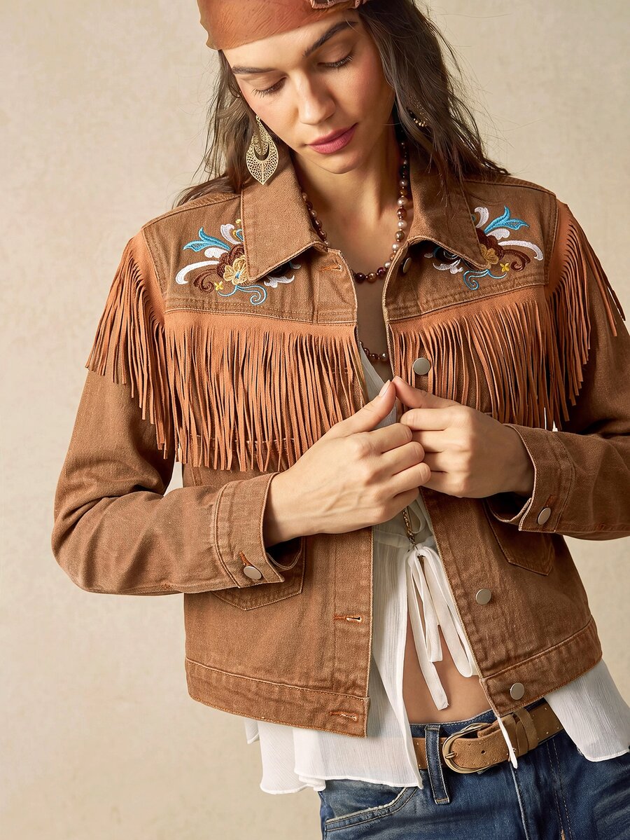 Bohemela Women's Cropped Western Boho Denim Jacket With Floral Embroidery, Fringe Trim And Snap Front Travel Brown Floral Fall Christmas Outfit For Women - Khaki - View 1