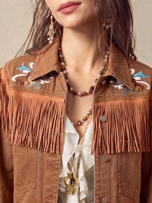 Bohemela Women's Cropped Western Denim Jacket With Floral Embroidery, Fringe Trim And Snap Front - Khaki - View 4