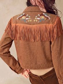 Bohemela Women's Cropped Western Denim Jacket With Floral Embroidery, Fringe Trim And Snap Front - Khaki - View 9