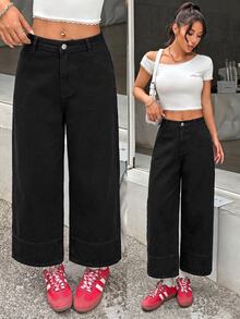 SHEIN PETITE Women's Low Waist Straight Leg Cropped Jeans Black - Black - View 4