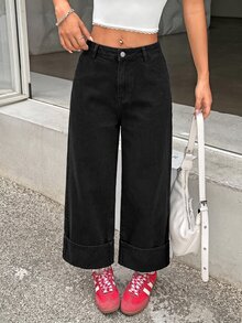 SHEIN PETITE Women's Low Waist Straight Leg Cropped Jeans Black - Black - View 5