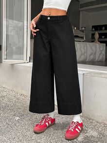 SHEIN PETITE Women's Low Waist Straight Leg Cropped Jeans Black - Black - View 7