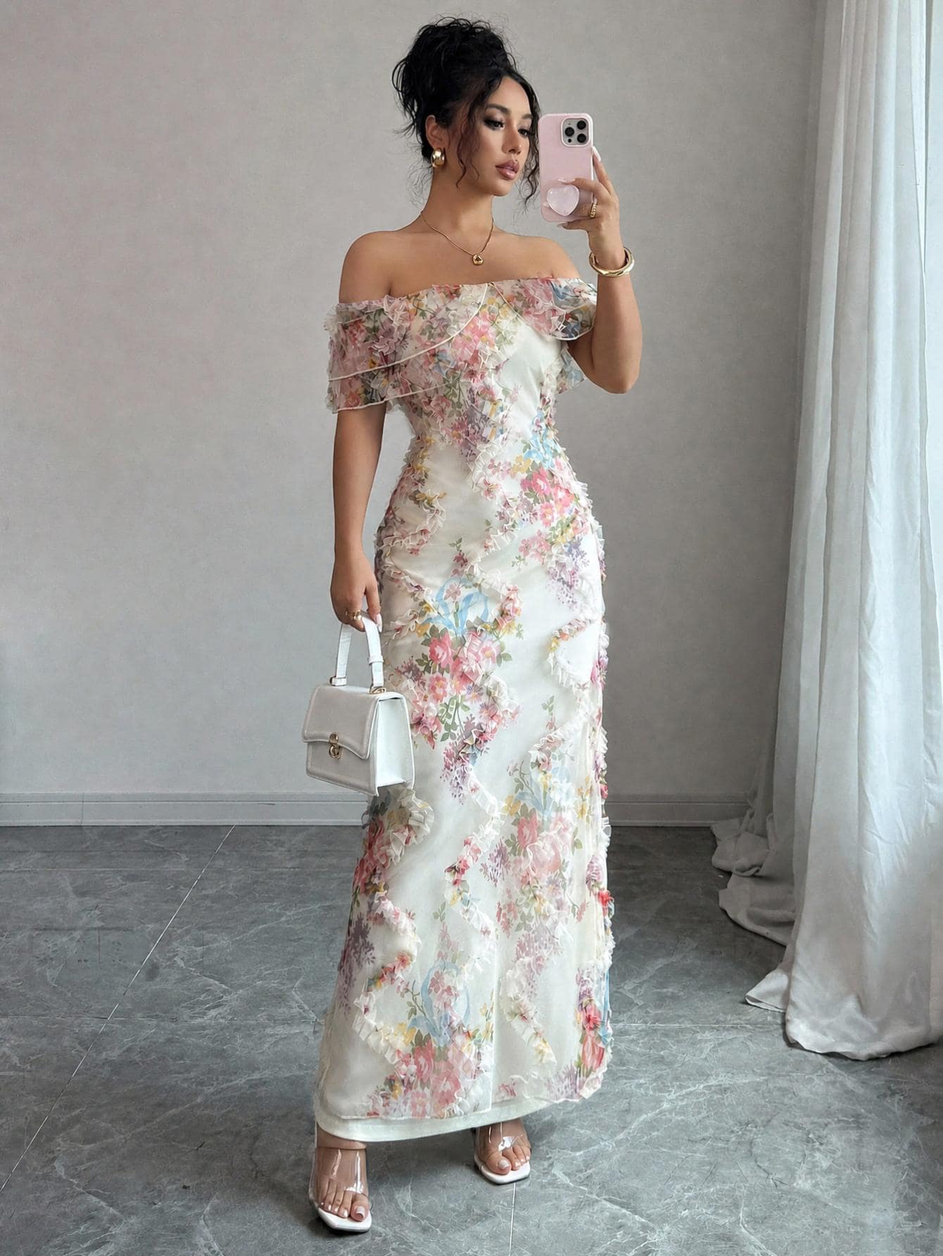 Elenzga Elegant Romantic Ruffle Off Shoulder Cinched Waist Bodycon Mesh Floral Dress For Women - Multicolor - View 1