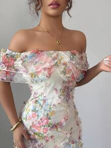 Elenzga Elegant Romantic Ruffle Off Shoulder Cinched Waist Bodycon Mesh Floral Dress For Women - Multicolor - View 6