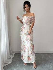 Elenzga Elegant Romantic Ruffle Off Shoulder Cinched Waist Bodycon Mesh Floral Dress For Women - Multicolor - View 3