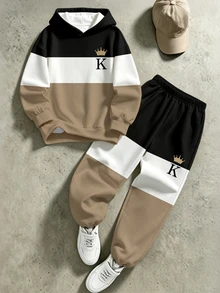 Teen Boys Autumn/Winter Hooded Sweatshirt & Sweatpants 2 Pieces Set, Three-Color Block Hooded Sweatshirt With Crown K Letter Print, Paired With Matching Color-Block Sweatpants, Creating A Sophisticated Casual Streetwear Look For Boys - Multicolor - View 4