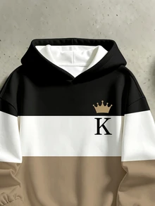 Teen Boys Autumn/Winter Hooded Sweatshirt & Sweatpants 2 Pieces Set, Three-Color Block Hooded Sweatshirt With Crown K Letter Print, Paired With Matching Color-Block Sweatpants, Creating A Sophisticated Casual Streetwear Look For Boys - Multicolor - View 5