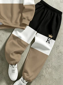 Teen Boys Autumn/Winter Hooded Sweatshirt & Sweatpants 2 Pieces Set, Three-Color Block Hooded Sweatshirt With Crown K Letter Print, Paired With Matching Color-Block Sweatpants, Creating A Sophisticated Casual Streetwear Look For Boys - Multicolor - View 7