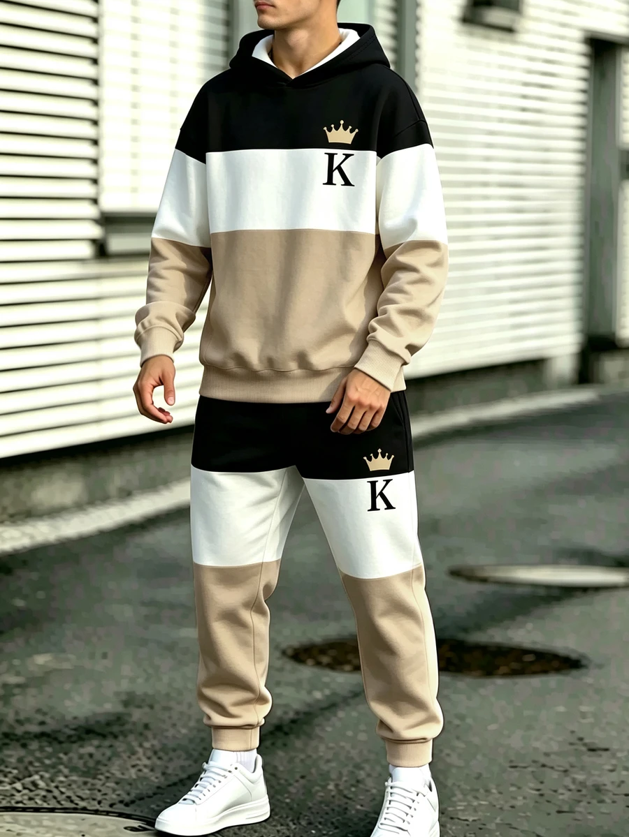 Teen Boys Autumn/Winter Hooded Sweatshirt & Sweatpants 2 Pieces Set, Three-Color Block Hooded Sweatshirt With Crown K Letter Print, Paired With Matching Color-Block Sweatpants, Creating A Sophisticated Casual Streetwear Look For Boys - Multicolor - View 1
