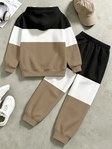 Teen Boys Autumn/Winter Hooded Sweatshirt & Sweatpants 2 Pieces Set, Three-Color Block Hooded Sweatshirt With Crown K Letter Print, Paired With Matching Color-Block Sweatpants, Creating A Sophisticated Casual Streetwear Look For Boys - Multicolor - View 2