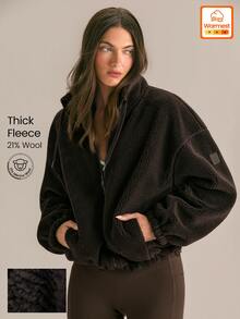 GLOWMODE 21% Wool Blend Cozy Up High-Neck Zip-Up Jacket With Adjustable Drawstring Hem & Collar Daily Casual Fall Winter Wear - Chocolate Brown - View 1