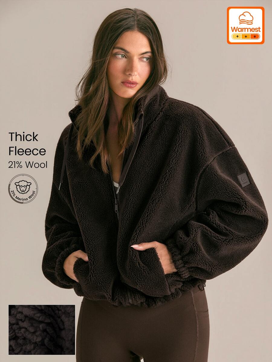 GLOWMODE 21% Wool Blend Cozy Up High-Neck Zip-Up Jacket With Adjustable Drawstring Hem & Collar Daily Casual Fall Winter Wear - Chocolate Brown - View 1