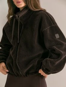 GLOWMODE 21% Wool Blend Cozy Up High-Neck Zip-Up Jacket With Adjustable Drawstring Hem & Collar Daily Casual Fall Winter Wear - Chocolate Brown - View 7