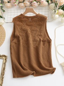 Penseblé Women's Casual Solid Color Double Pocket Single-Breasted Knitted Vest, Autumn - Khaki - View 2