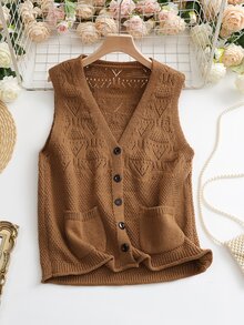 Penseblé Women's Casual Solid Color Double Pocket Single-Breasted Knitted Vest, Autumn - Khaki - View 3