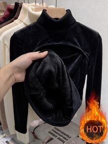 Elenzga 大尺碼女款半高領鏤空胸前針織上衣，修身長袖打底衫，性感風格日常派對外出內搭冬款 - 黑色 - 查看 2