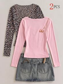 SHEIN 2PCS Teen Girls T-Shirts - Multicolor - View 3