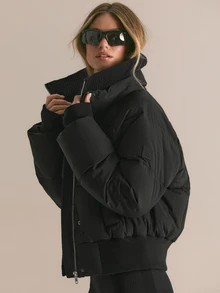 GLOWMODE Soft Matte Chase The Glow Water Repellent Relaxed Fit Bomber Jacket With Knit Collar, Ribbed Cuffs & Metallic Zipper Daily Casual Fall Winter Wear - Black - View 6