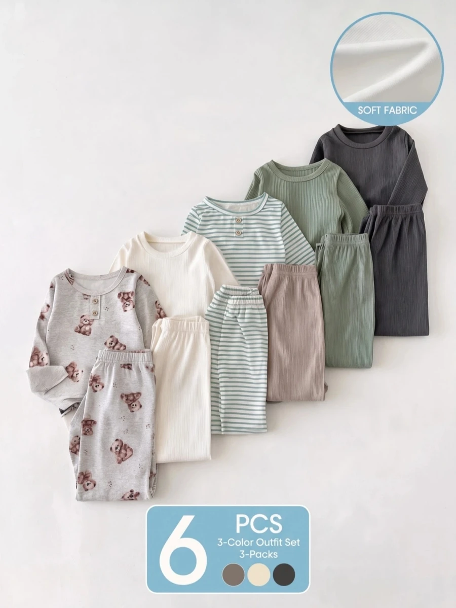SHEIN Playful Pals 3 Sets Toddler Boys Top Pants Set Cute Sage Green Grey Bear Print Striped Ribbed Long Sleeve Round Neck Regular Holiday Fall Daily - Green - View 1