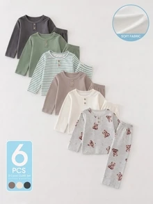 SHEIN Playful Pals 3 Sets Toddler Boys Top Pants Set Cute Sage Green Grey Bear Print Striped Ribbed Long Sleeve Round Neck Regular Holiday Fall Daily - Green - View 3