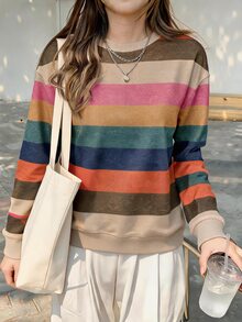 SHEIN LUNE Women's Casual Minimalist Color-Block Striped Crew-Neck Loose Long-Sleeve Sweatshirt, Suitable Autumn/Winter Back-To-School , Going Out Tops - Multicolor - View 7