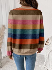 SHEIN LUNE Women's Casual Minimalist Color-Block Striped Crew-Neck Loose Long-Sleeve Sweatshirt, Suitable Autumn/Winter Back-To-School , Going Out Tops - Multicolor - View 3
