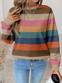 SHEIN LUNE Women's Casual Minimalist Color-Block Striped Crew-Neck Loose Long-Sleeve Sweatshirt, Suitable Autumn/Winter Back-To-School , Going Out Tops - Multicolor - View 4