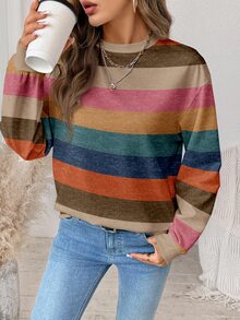 SHEIN LUNE Women's Casual Minimalist Color-Block Striped Crew-Neck Loose Long-Sleeve Sweatshirt, Suitable Autumn/Winter Back-To-School , Going Out Tops - Multicolor - View 5
