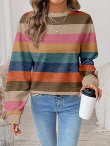 SHEIN LUNE Women's Casual Minimalist Color-Block Striped Crew-Neck Loose Long-Sleeve Sweatshirt, Suitable Autumn/Winter Back-To-School , Going Out Tops - Multicolor - View 2