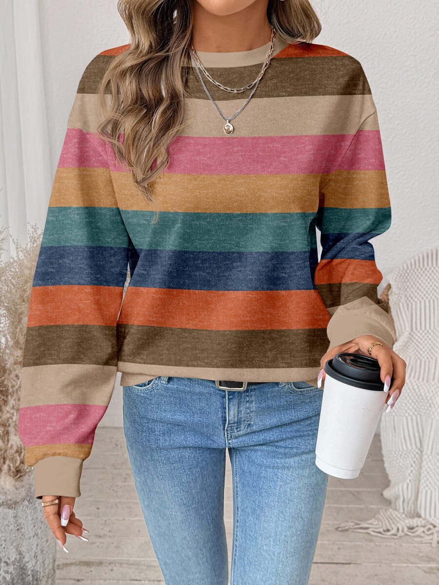 SHEIN LUNE Women's Casual Minimalist Color-Block Striped Crew-Neck Loose Long-Sleeve Sweatshirt, Suitable Autumn/Winter Back-To-School , Going Out Tops
