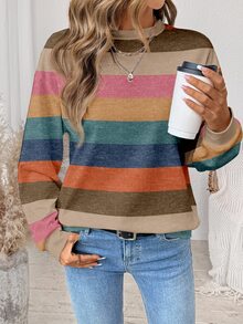 SHEIN LUNE Women's Casual Minimalist Color-Block Striped Crew-Neck Loose Long-Sleeve Sweatshirt, Suitable Autumn/Winter Back-To-School , Going Out Tops - Multicolor - View 6