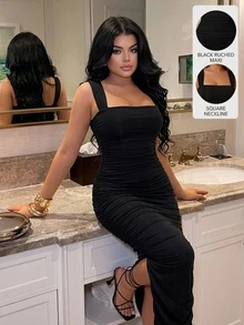 SHEIN SXY Summer Ruffled Slit Hem Mesh Tight Black Suspender Bodycon Dress - Black - View 2