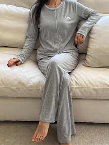 DAZY Women's Long Sleeve Button Front Round Neck Shirt And Pants Pajama Set - Grey - View 1