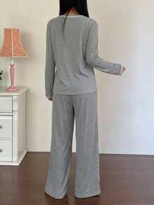 DAZY Women's Long Sleeve Button Front Round Neck Shirt And Pants Pajama Set - Grey - View 2