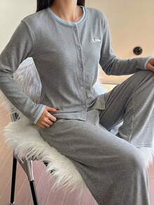 DAZY Women's Long Sleeve Button Front Round Neck Shirt And Pants Pajama Set - Grey - View 4