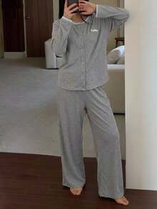 DAZY Women's Long Sleeve Button Front Round Neck Shirt And Pants Pajama Set - Grey - View 3